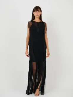 Sheer Wave Panel Floorlength Dress in Black