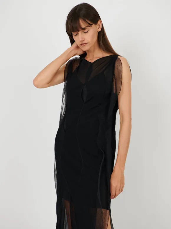 Sheer Wave Panel Floorlength Dress in Black