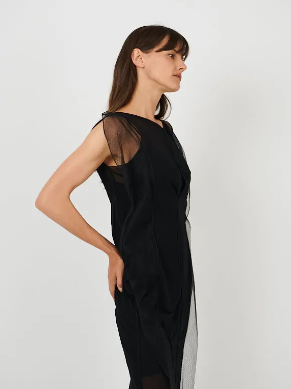 Sheer Wave Panel Floorlength Dress in Black