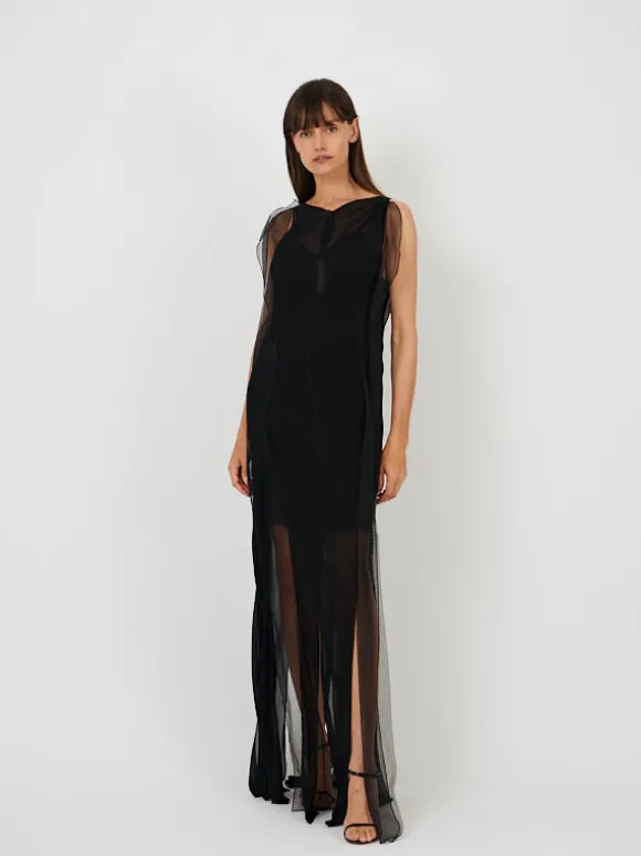 Sheer Wave Panel Floorlength Dress in Black