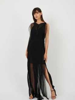 Sheer Wave Panel Floorlength Dress in Black