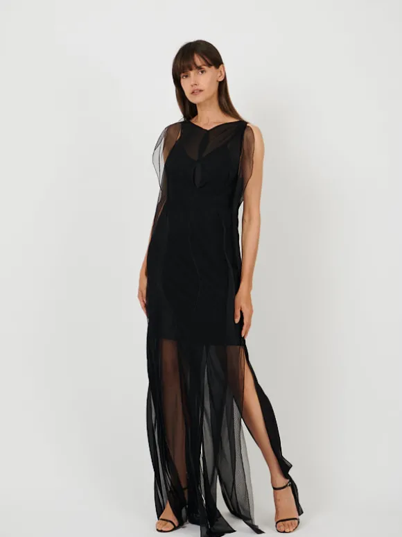 Sheer Wave Panel Floorlength Dress in Black