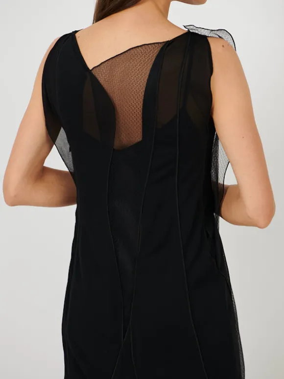 Sheer Wave Panel Floorlength Dress in Black