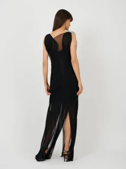 Sheer Wave Panel Floorlength Dress in Black