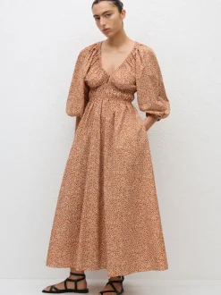 Shirred Plunge Button Dress in Strawflower
