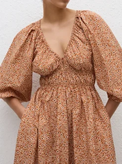 Shirred Plunge Button Dress in Strawflower