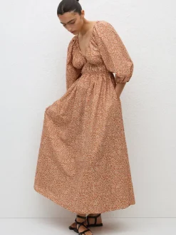 Shirred Plunge Button Dress in Strawflower