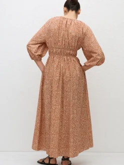 Shirred Plunge Button Dress in Strawflower