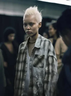Shredded Seam Drop Neck Shirt in Bleached Grey Plaid