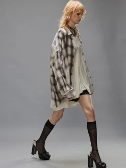 Shredded Seam Drop Neck Shirt in Bleached Grey Plaid