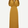 V-Neck Ruffle Midi Dress in Harvest Gold