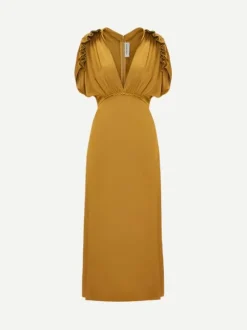 V-Neck Ruffle Midi Dress in Harvest Gold
