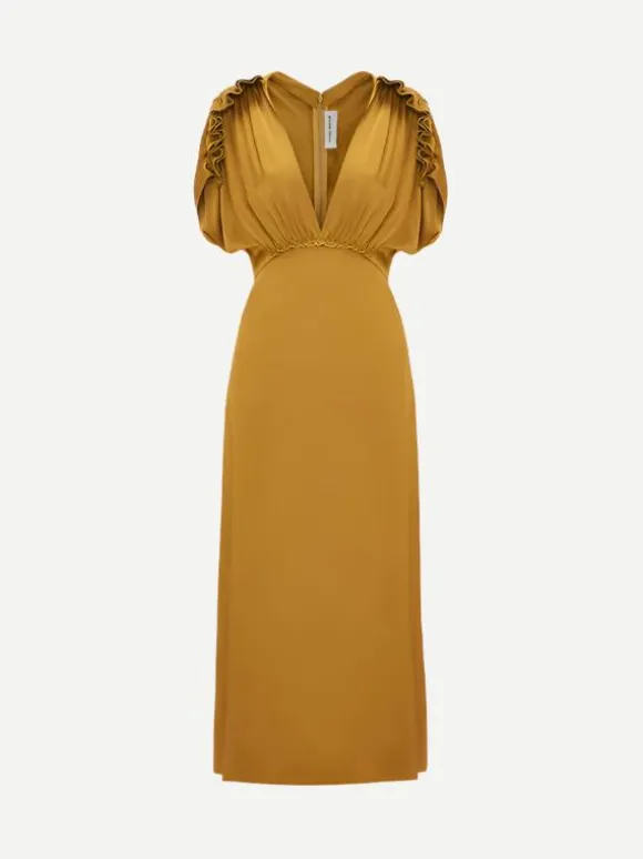 V-Neck Ruffle Midi Dress in Harvest Gold