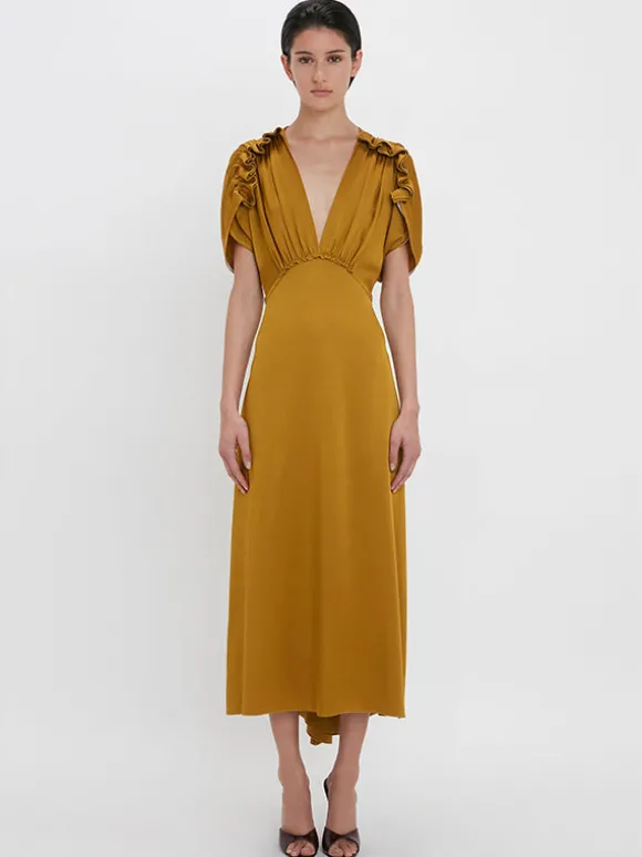 V-Neck Ruffle Midi Dress in Harvest Gold