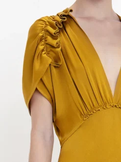 V-Neck Ruffle Midi Dress in Harvest Gold