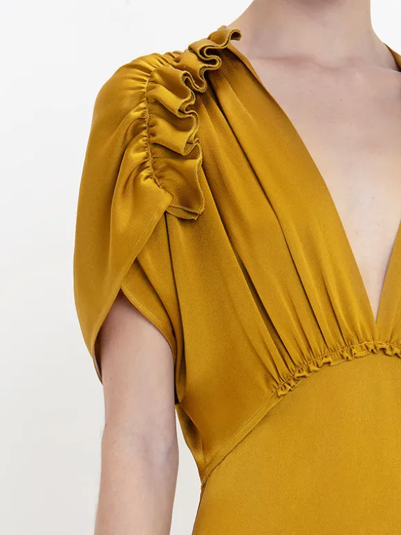 V-Neck Ruffle Midi Dress in Harvest Gold