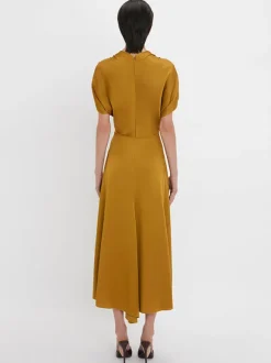 V-Neck Ruffle Midi Dress in Harvest Gold