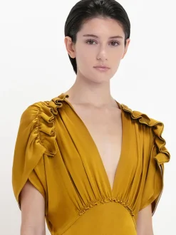 V-Neck Ruffle Midi Dress in Harvest Gold