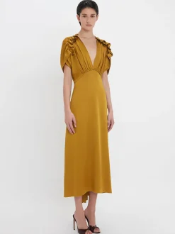 V-Neck Ruffle Midi Dress in Harvest Gold