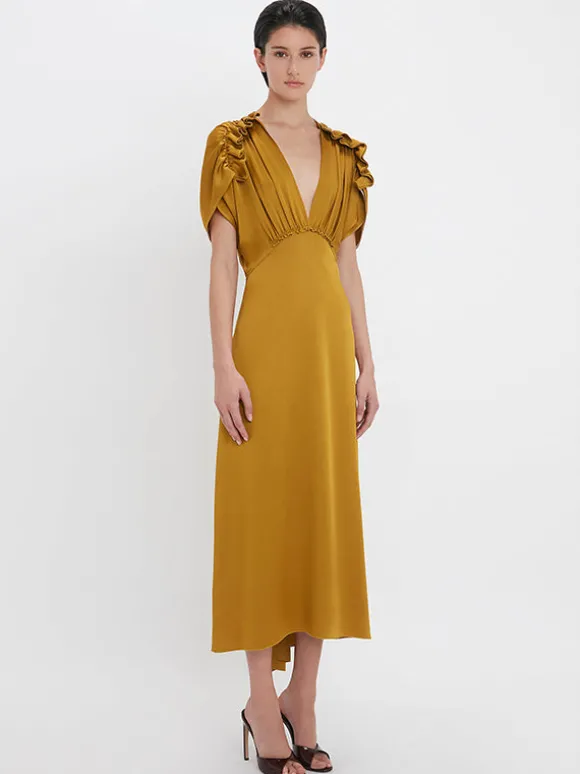 V-Neck Ruffle Midi Dress in Harvest Gold