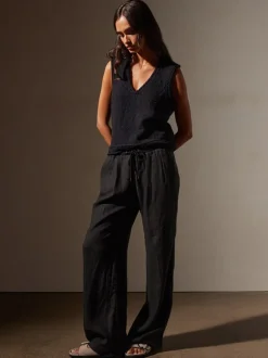 Wide Leg Linen Pant in Black