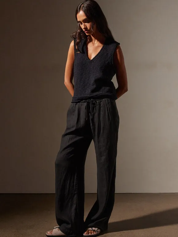 Wide Leg Linen Pant in Black